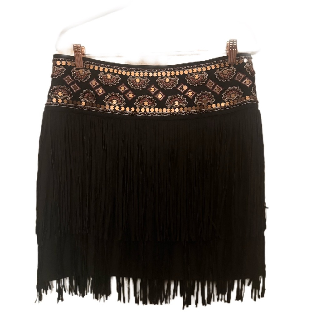 Bohemian Western Beaded Embellished Fringe Mini Skirt - Dark Chocolate Brown - Picture 3 of 4